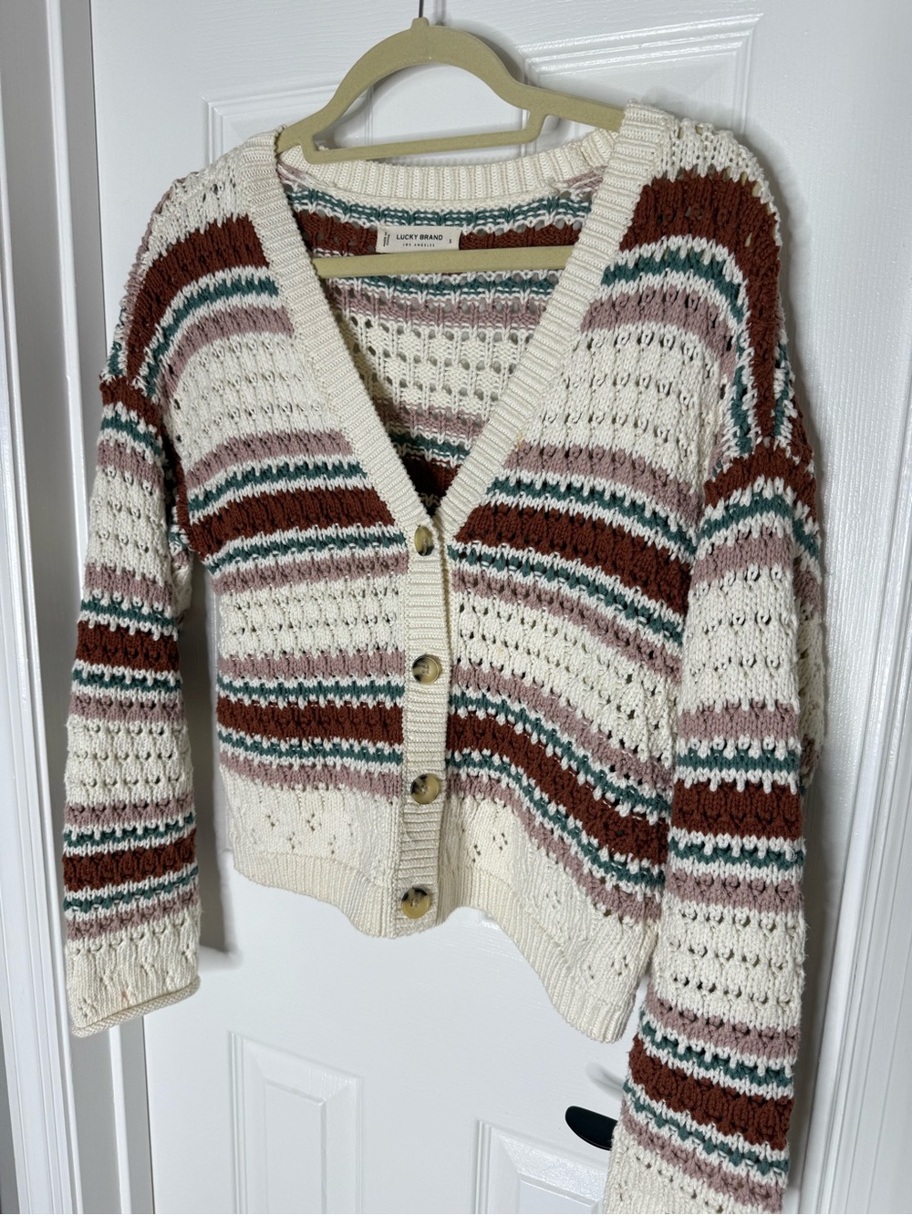 Lucky Brand Cream Cardigan with Rust, Dusty Pink & Teal Stripes